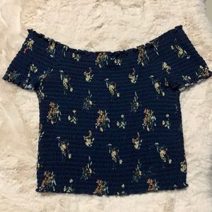 Wishful Park Junior’s navy/fitted/ off the shoulders crop top.